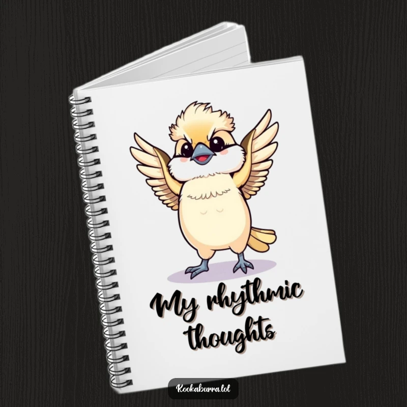 Funny Kawaii Kookaburra notebook, a cute bird dancing with spread wings, perfect for jotting down energetic thoughts. A delightful funny gift.