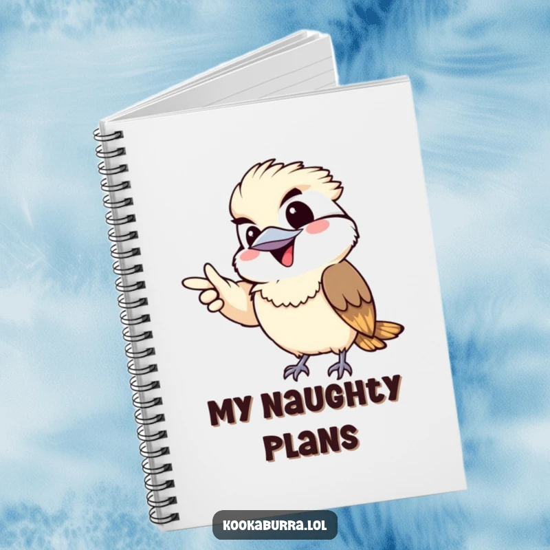 Funny notebook with a kawaii kookaburra gleefully pointing with a mischievous grin, perfect for notes and ideas.
