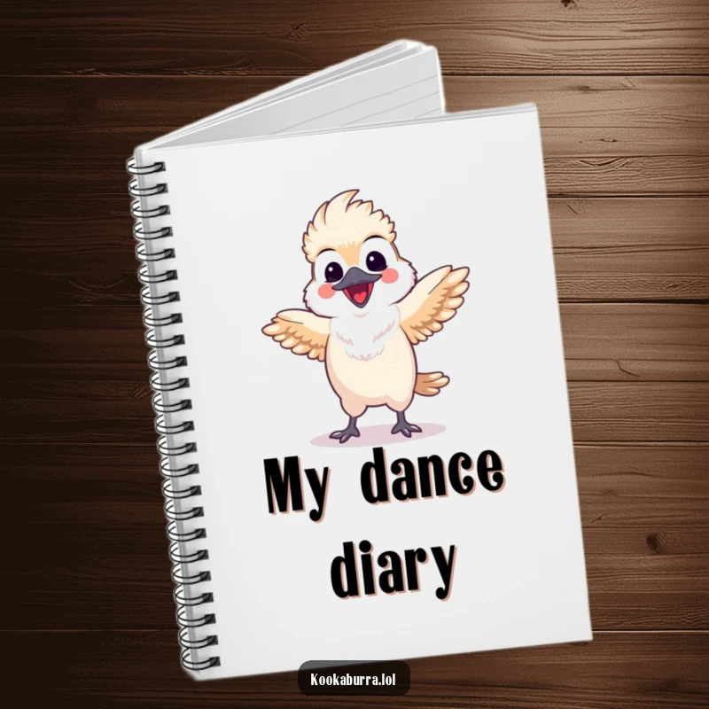 Funny kawaii kookaburra notebook with a happy bird doing a lively dance with spread wings, perfect for jotting down funny thoughts.