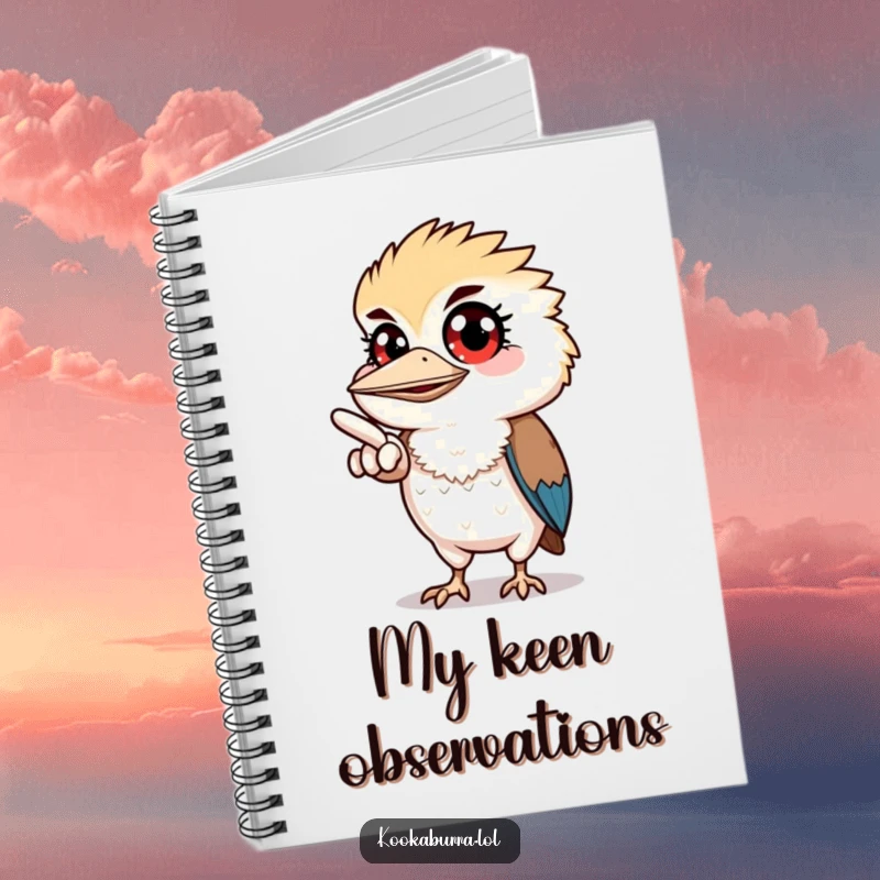 Funny notebook featuring a kookaburra with wide eyes, pointing off-screen, ideal for jotting down observations and ideas.