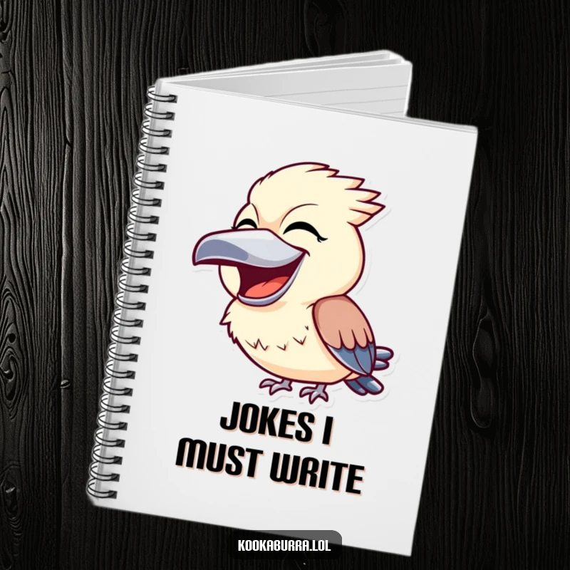 Funny kookaburra notebook featuring a bird laughing heartily with its beak wide open, perfect for jotting down funny thoughts.
