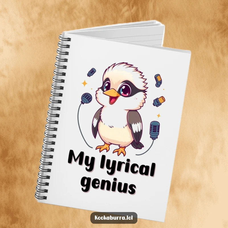 Funny Kookaburra Notebook showcasing a kawaii kookaburra with sparkling eyes, juggling tiny microphones, ideal for jotting down creative ideas.