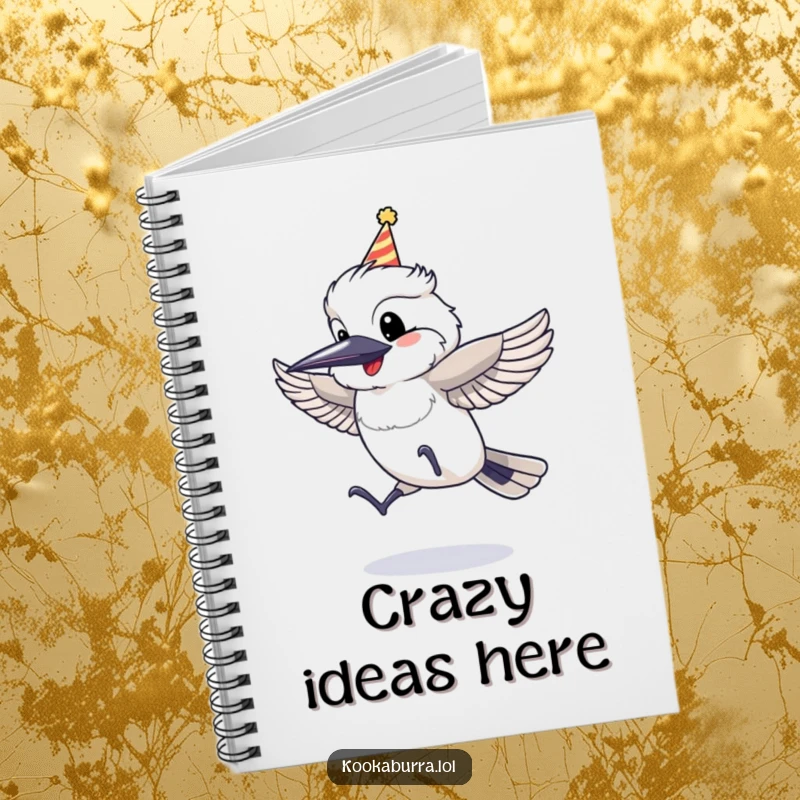 Funny Notebook with a kookaburra wearing a party hat, jumping with glee, designed for capturing festive ideas.