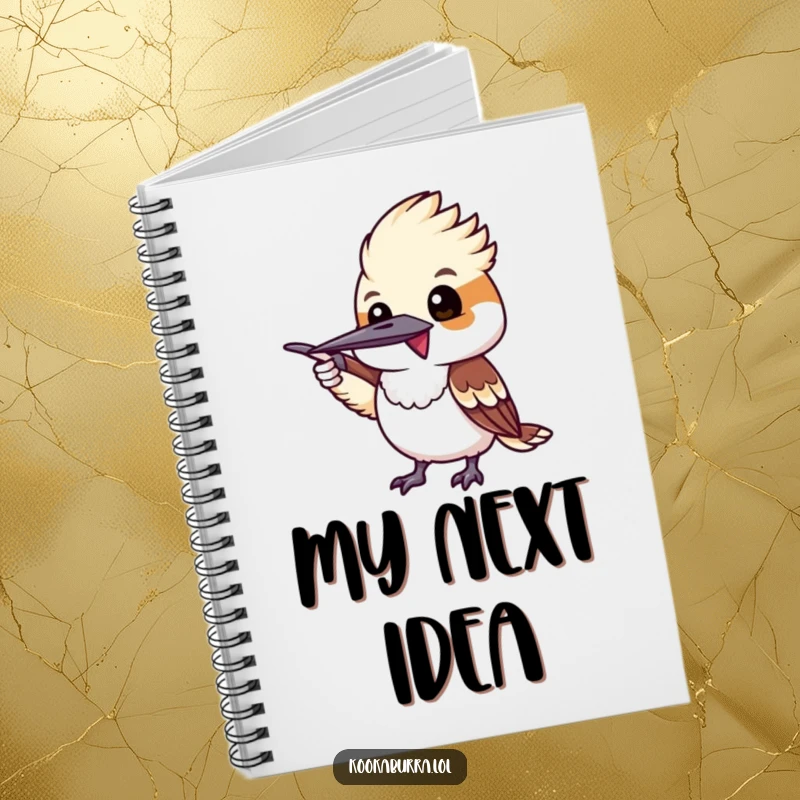 Funny kookaburra excitedly pointing with its wing, a humorous notebook for jotting directions.