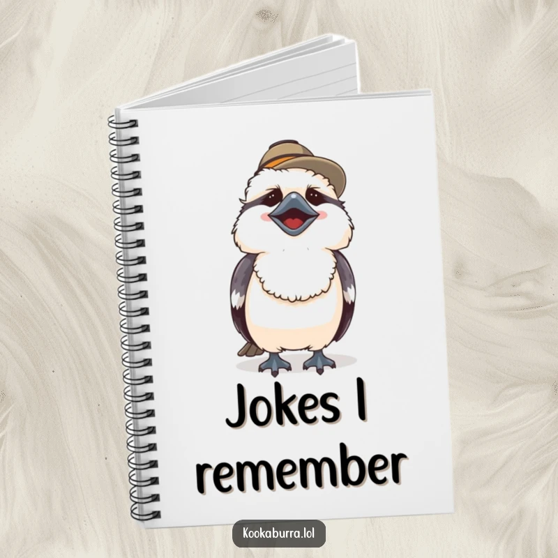 Funny notebook featuring a cute kookaburra in a hat, captured laughing heartily for a cheerful writing experience.