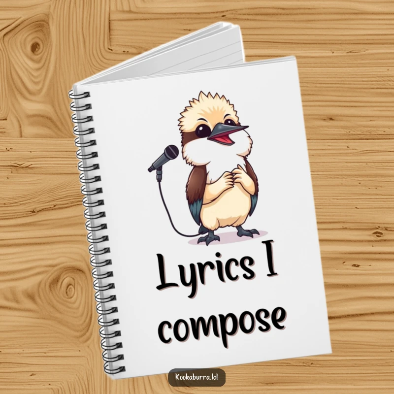 Funny kookaburra notebook featuring a small bird holding a microphone and singing a happy tune, perfect for jotting down musical ideas.