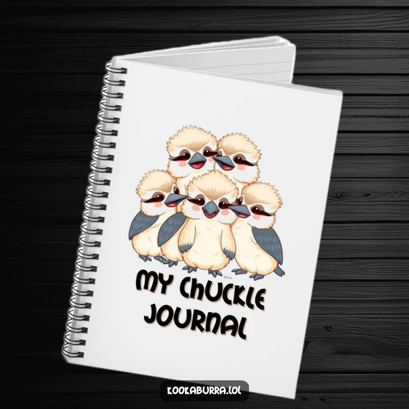 Funny kawaii kookaburra notebook with a group of smiling, giggling birds huddled together, perfect for jotting down funny thoughts.