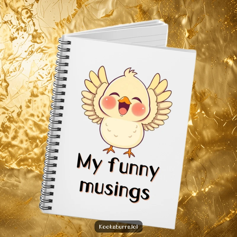 Funny notebook featuring a chubby bird laughing heartily with its wings outstretched, ready to record notes with a joyful and expressive design.
