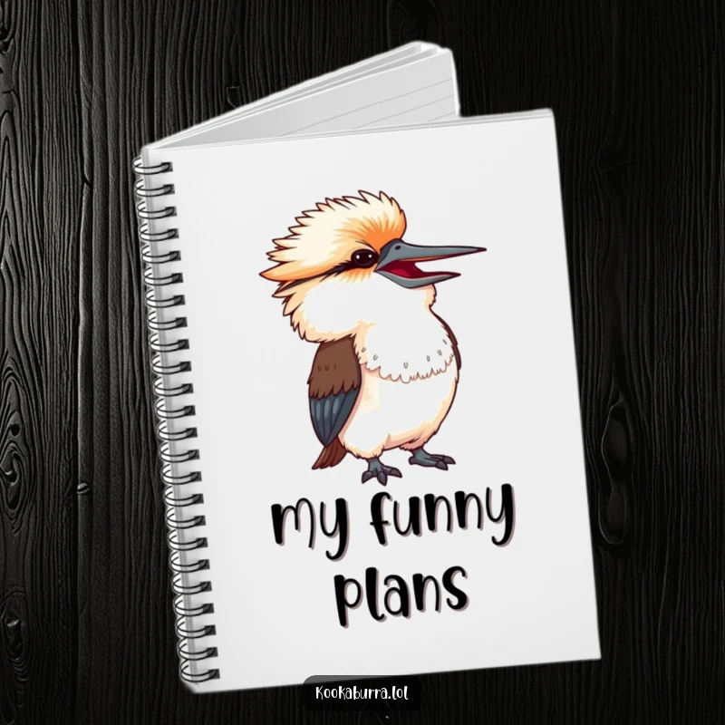 Funny kookaburra with head thrown back in exaggerated amusement, a humorous notebook for jotting down laughter.
