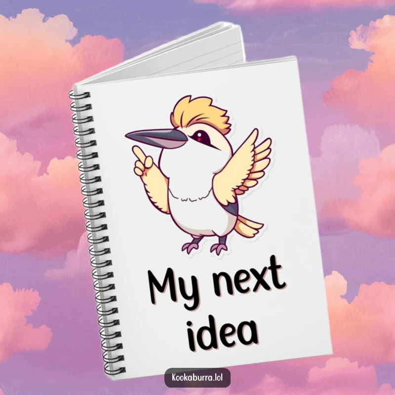Cute kawaii kookaburra excitedly pointing upwards with its wing, printed on a notebook cover, inspiring humor and creativity.
