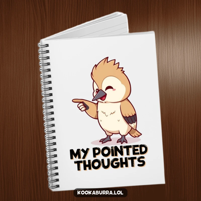 Funny kawaii kookaburra notebook with a tiny bird pointing off-screen with a chuckle, perfect for jotting down funny thoughts.