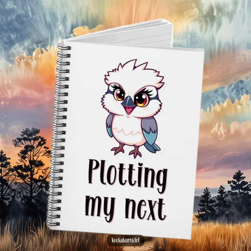 Funny kookaburra notebook, a bird with a single large eye sparkling with mischief, designed for jotting and dreaming.