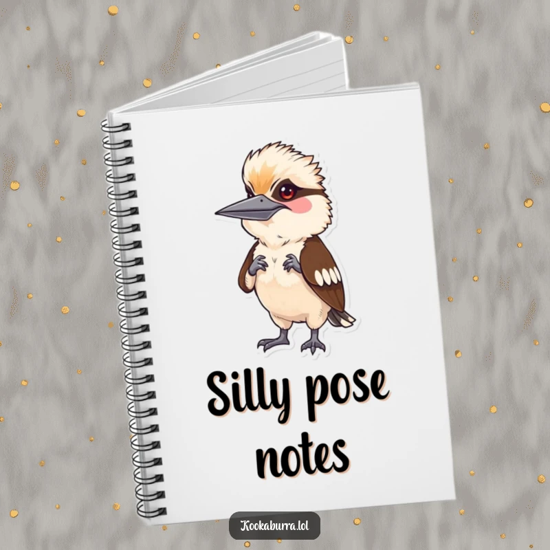 Funny kookaburra character in a silly human pose, printed on a notebook cover, inspiring humor and creativity.