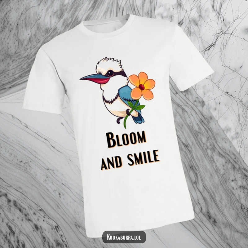 Funny T-Shirt depicting a friendly kookaburra offering a vibrant flower with a genuine smile, radiating warmth and kindness.