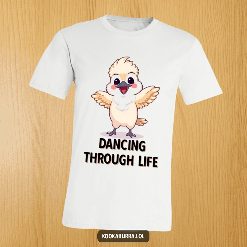Funny kawaii kookaburra t-shirt with a happy bird doing a lively dance with spread wings, perfect for casual, humorous wear.