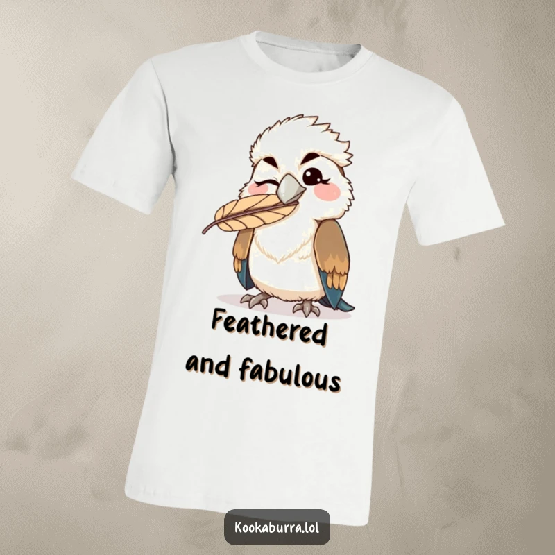 Funny kawaii kookaburra t-shirt featuring a bird winking with a feather stuck comically on its beak, a hilarious avian design.