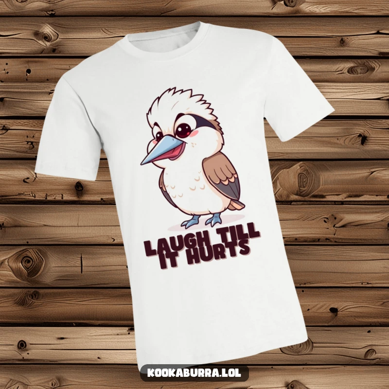 Funny Kawaii Kookaburra t-shirt wearing a silly expression and wide open beak, symbolizing hearty laughter. Perfect for bird fans and funny gift ideas.