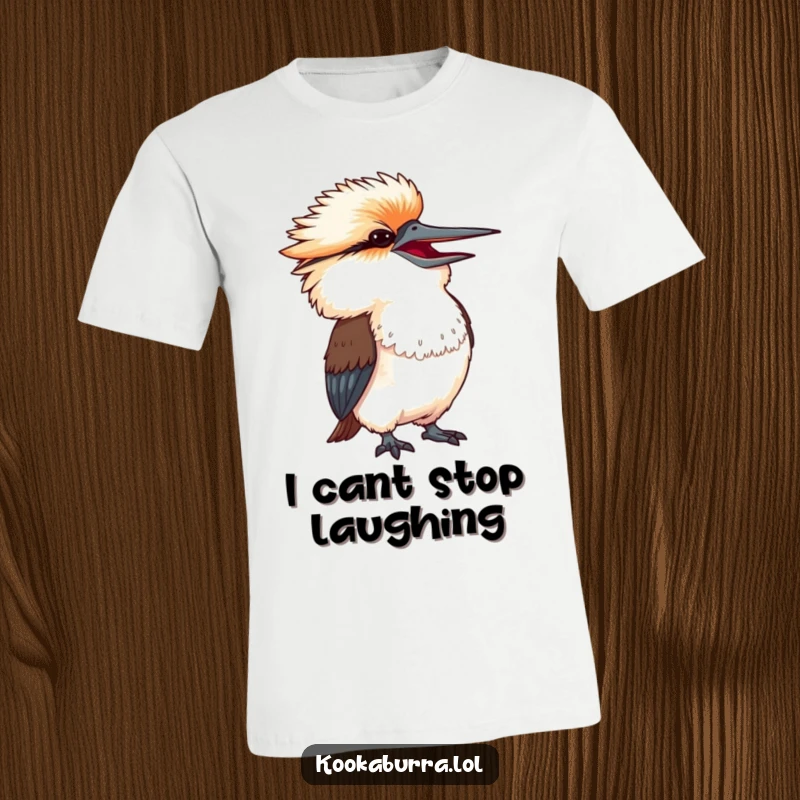 Funny kookaburra with head thrown back in exaggerated amusement, captured mid-laugh on a t-shirt.