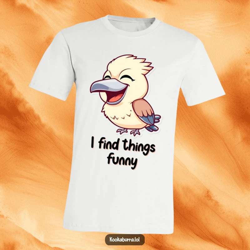 Funny kookaburra t-shirt showing a cheerful bird with its beak wide open, laughing heartily, perfect for spreading good vibes.