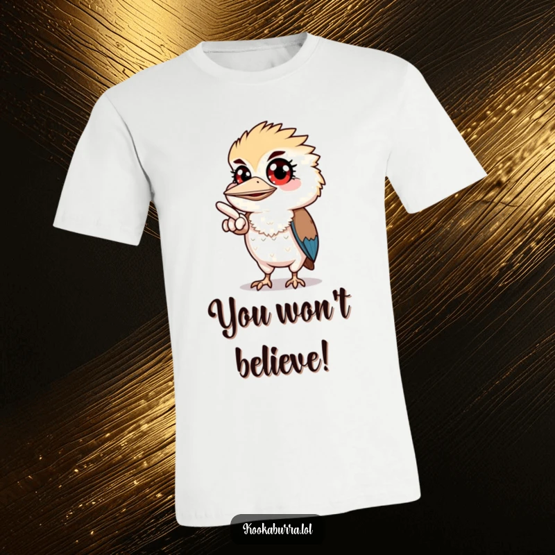 Funny t-shirt showing a kookaburra with wide eyes, pointing dramatically off-screen, inviting curiosity and laughter.