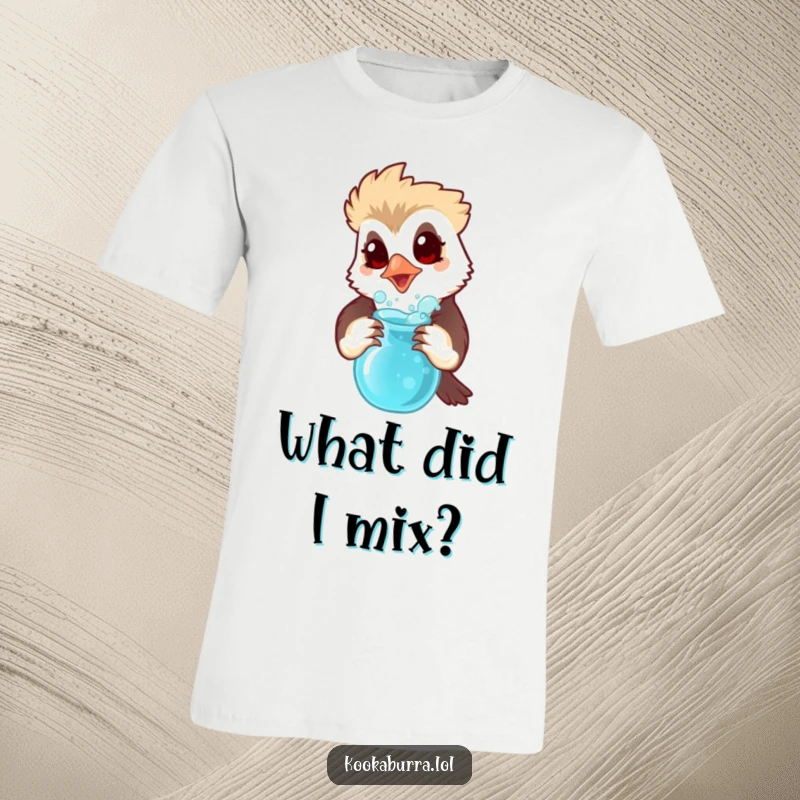 Funny t-shirt featuring a kookaburra with a surprised expression holding a bubbling potion, highlighting a comical alchemical mishap.