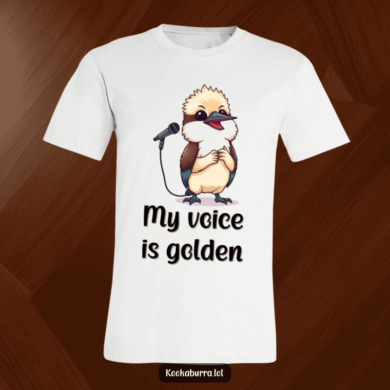 Funny kookaburra t-shirt depicting a small bird holding a microphone and singing with joy, perfect for music lovers.