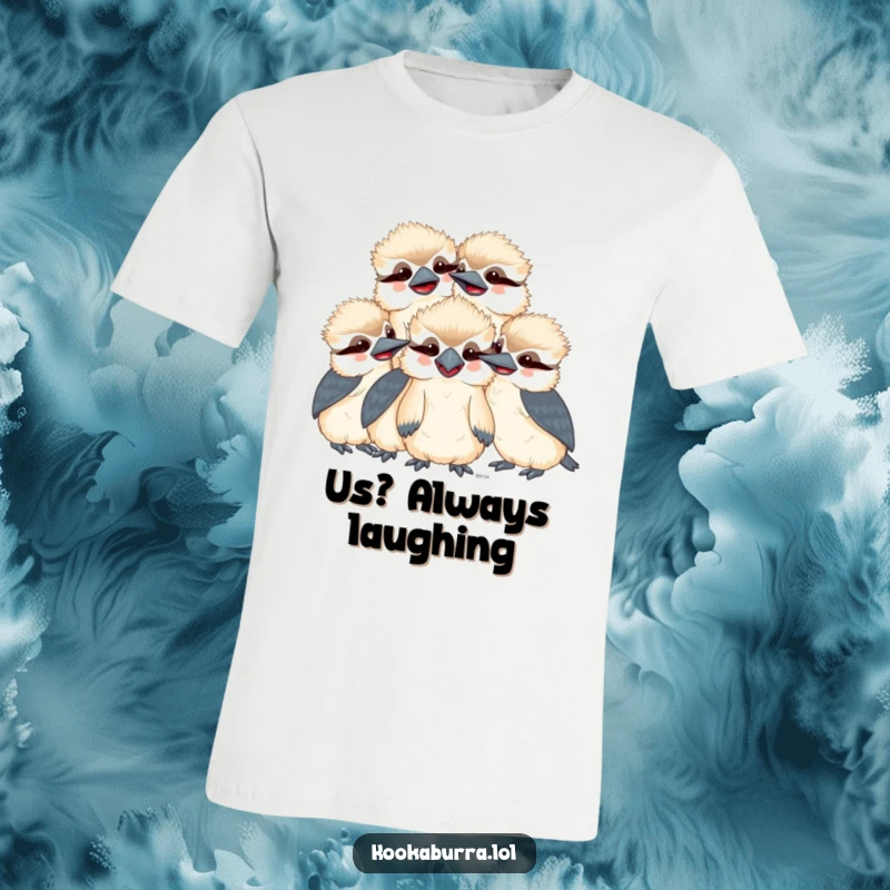 Funny kawaii kookaburra t-shirt with a group of smiling, giggling birds huddled together, perfect for cute and humorous casual wear.