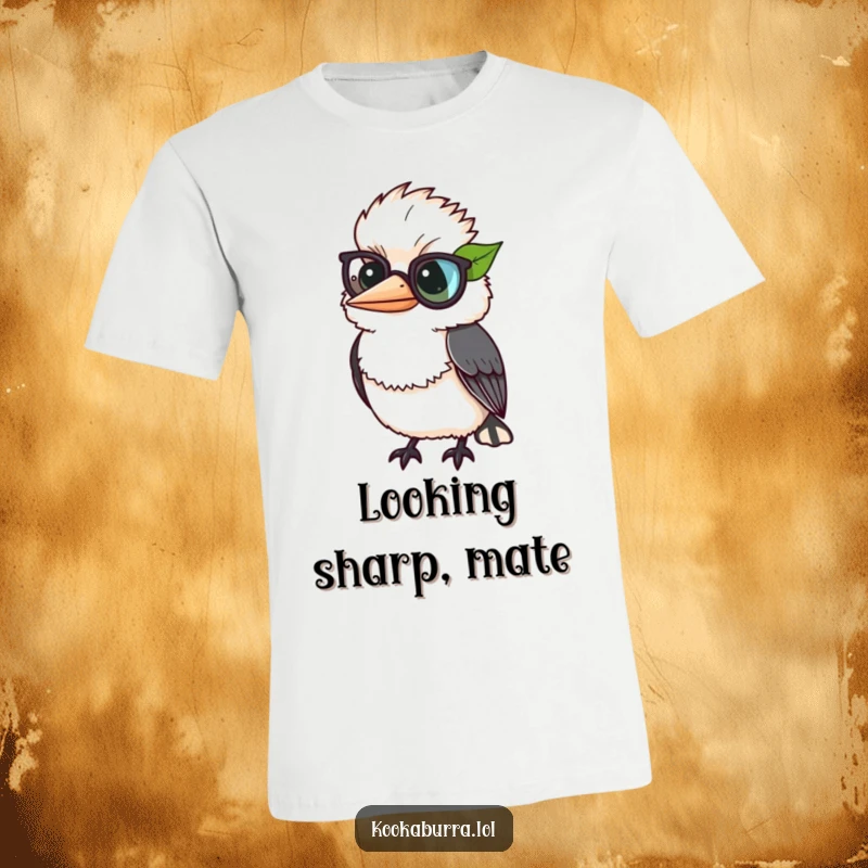 Funny kookaburra comically wearing a leaf as a monocle, looking rather posh on a humorous t-shirt.