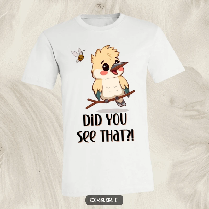 Funny kookaburra making a surprised face as a bug flies past, a humorous and startled t-shirt design.