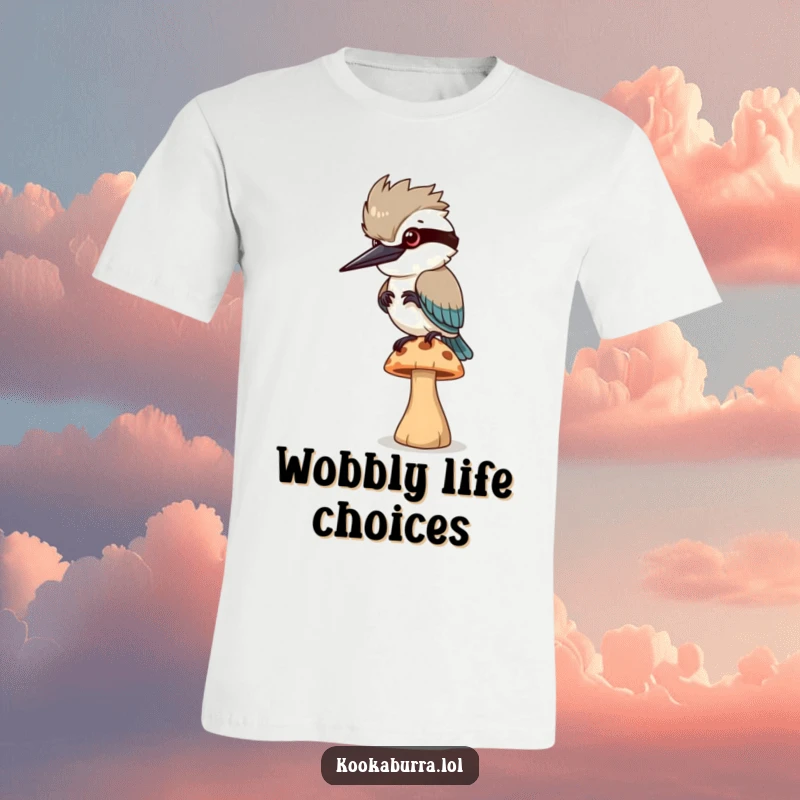 Funny T-Shirt: A comical kookaburra bird attempts to balance on a tiny, unstable mushroom, eyes wide with focus.