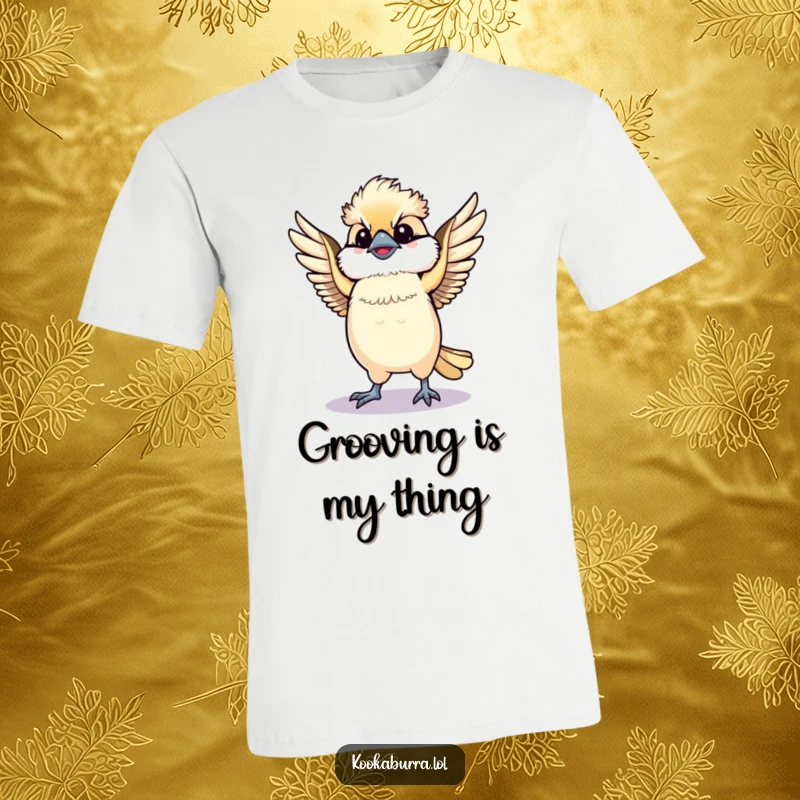 Funny Kawaii Kookaburra t-shirt, a cute bird doing a lively dance with its wings spread wide. Perfect for dancers and funny gift enthusiasts.