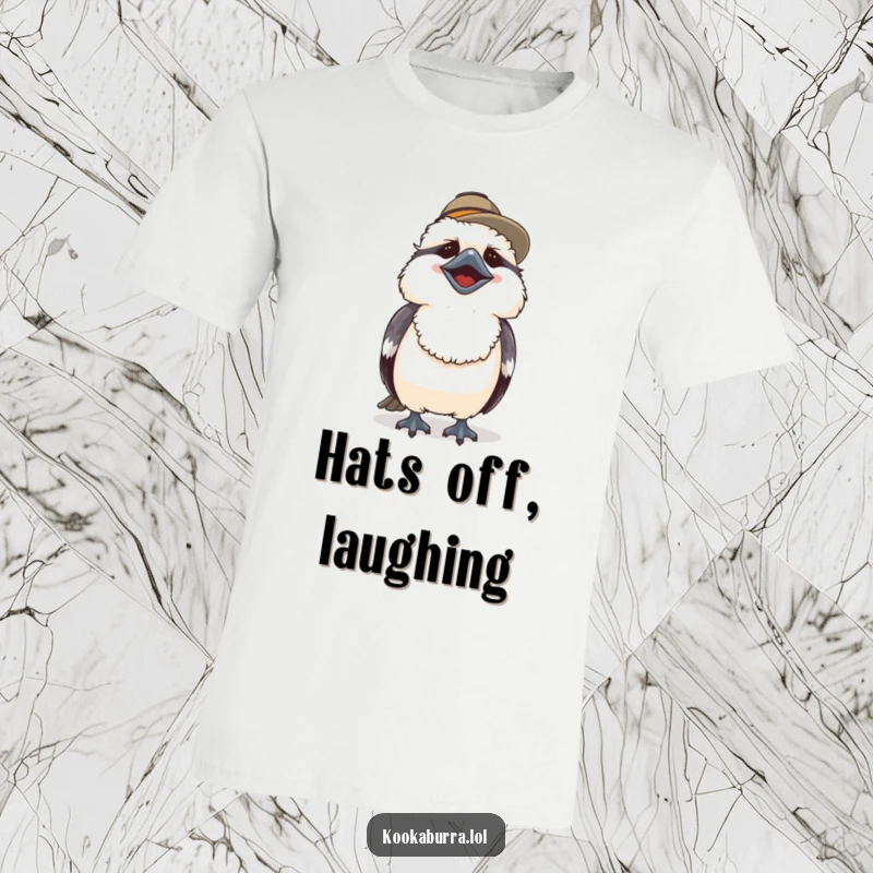 Funny t-shirt depicting a cute kookaburra in a tiny hat, bursting into hearty laughter for a cheerful look.
