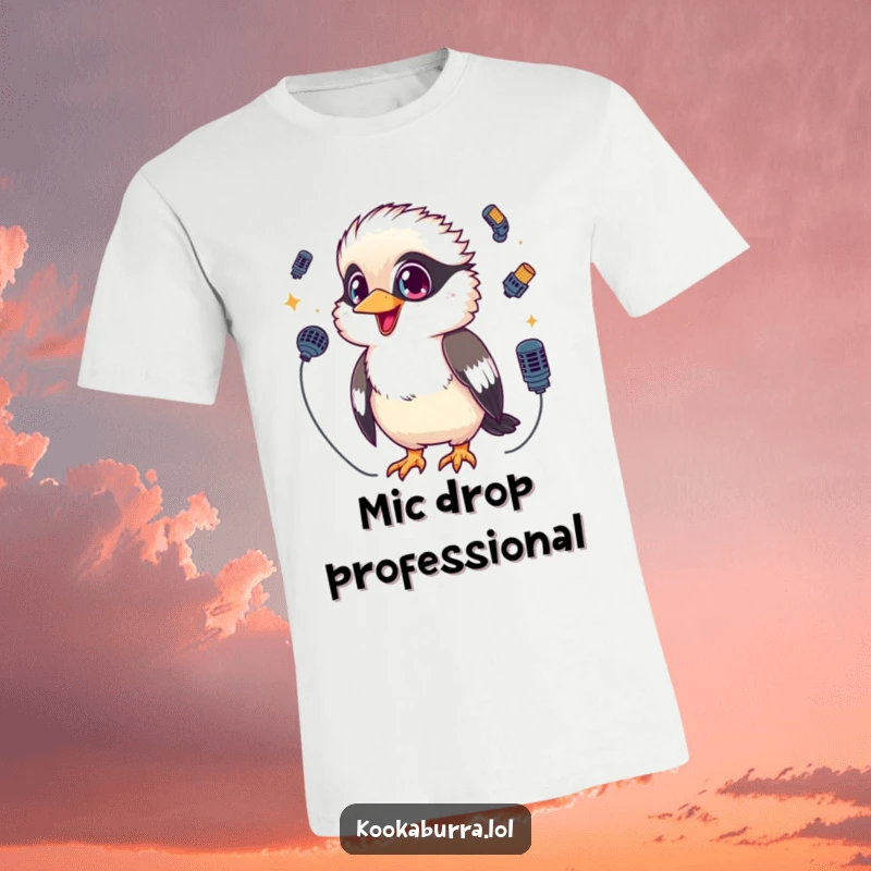 Funny Kookaburra T-Shirt of a kawaii kookaburra with sparkling eyes, juggling three small microphones, perfect for music lovers.