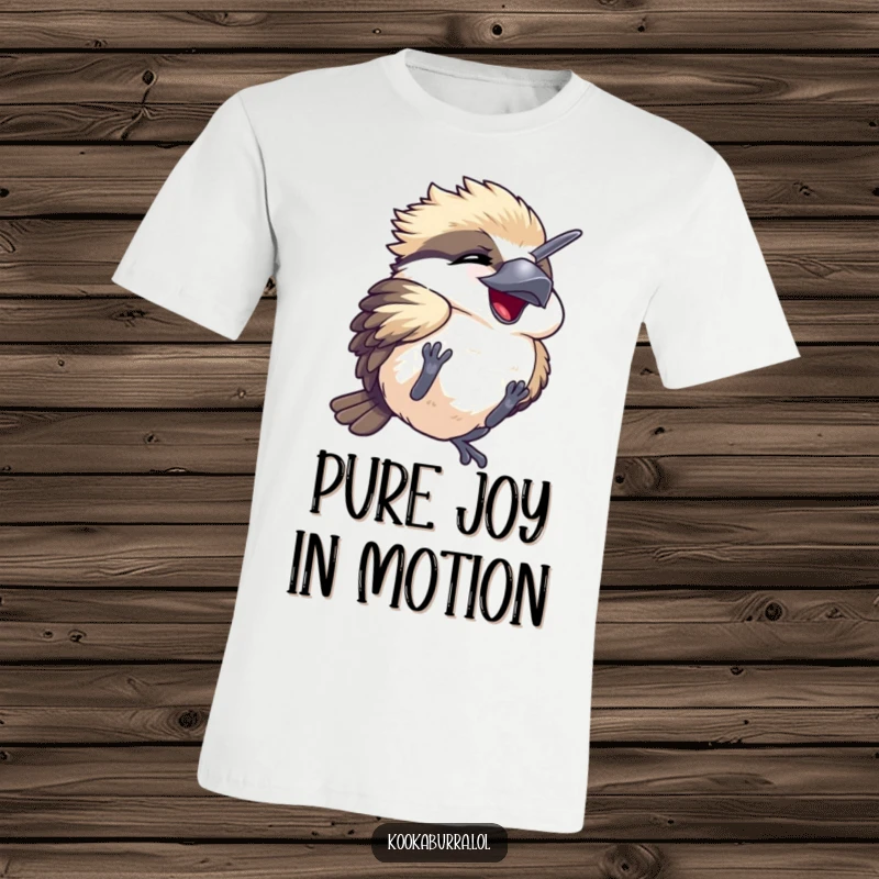 Funny t-shirt showcasing a kawaii kookaburra joyfully tumbling, eyes closed in mirth, a symbol of playful, hilarious abandon.