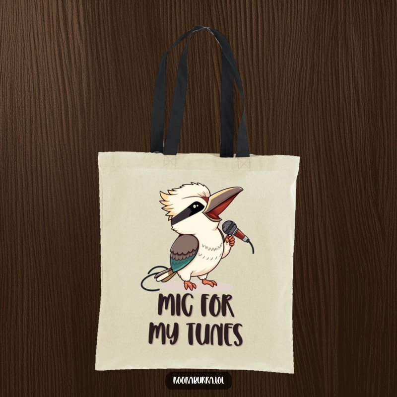 Funny kookaburra tote bag featuring a winking bird holding a microphone, great for music enthusiasts.