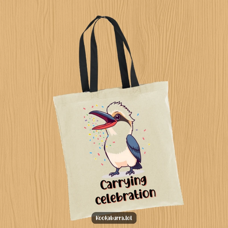 Funny Kookaburra Tote Bag showing a kookaburra with beak wide open, showering colorful confetti, perfect for carrying party supplies.