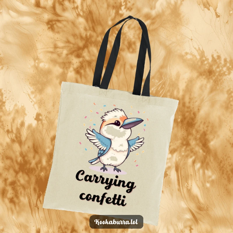 Funny kookaburra character throwing confetti with both wings, printed on a tote bag for a festive accessory.