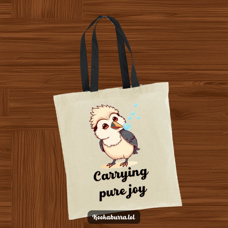 Funny kawaii kookaburra tote bag with an amused bird blowing a stream of bubbles, ideal for stylish and humorous everyday use.