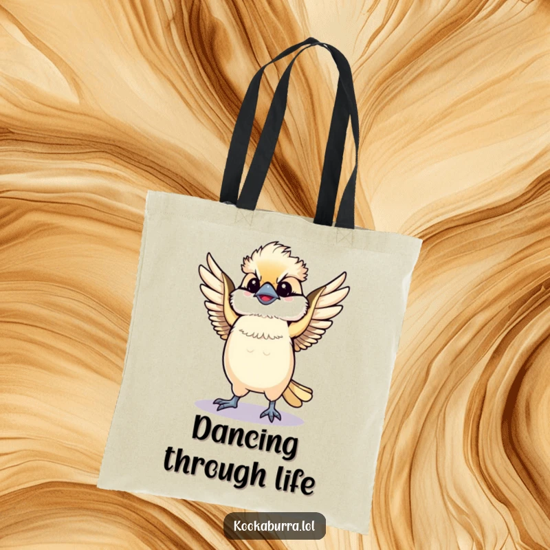 Funny Kawaii Kookaburra tote bag, a cute bird dancing with wings spread, full of rhythm and joy. Ideal for carrying essentials and funny gifts.