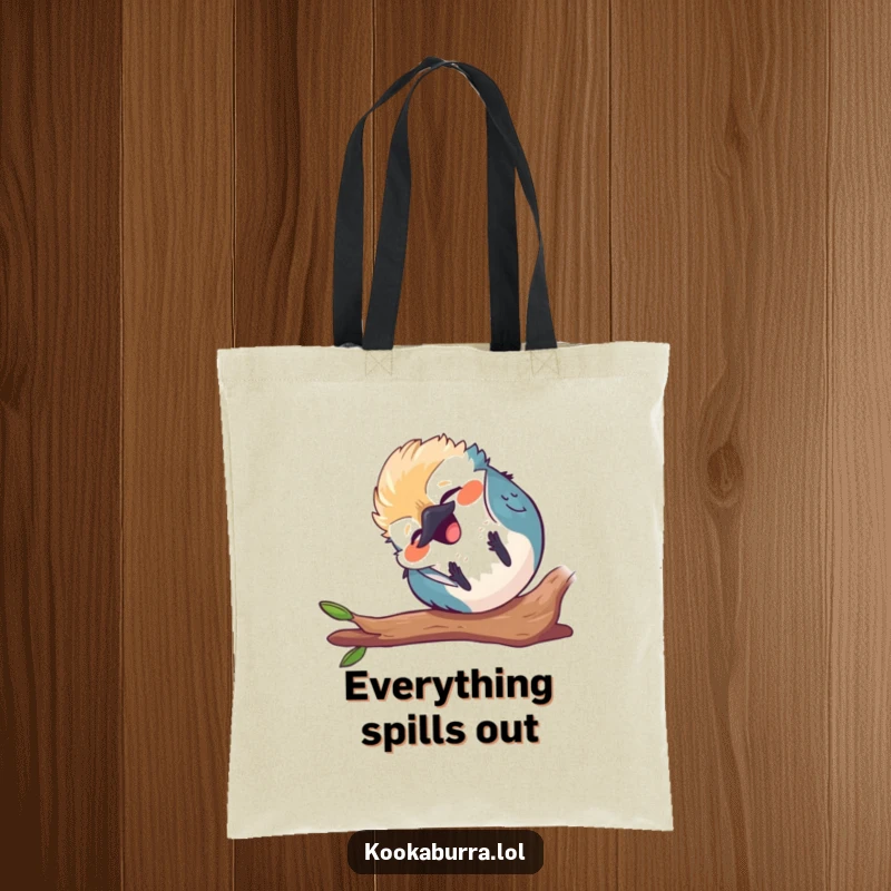 Funny round kawaii kookaburra tote bag, tumbling end over end, laughing, cute bird graphic, humorous accessory.