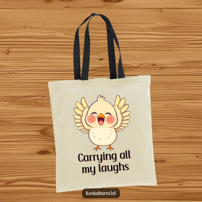 Funny tote bag showcasing a chubby bird laughing heartily with its wings outstretched, a practical and cheerful accessory for daily use.