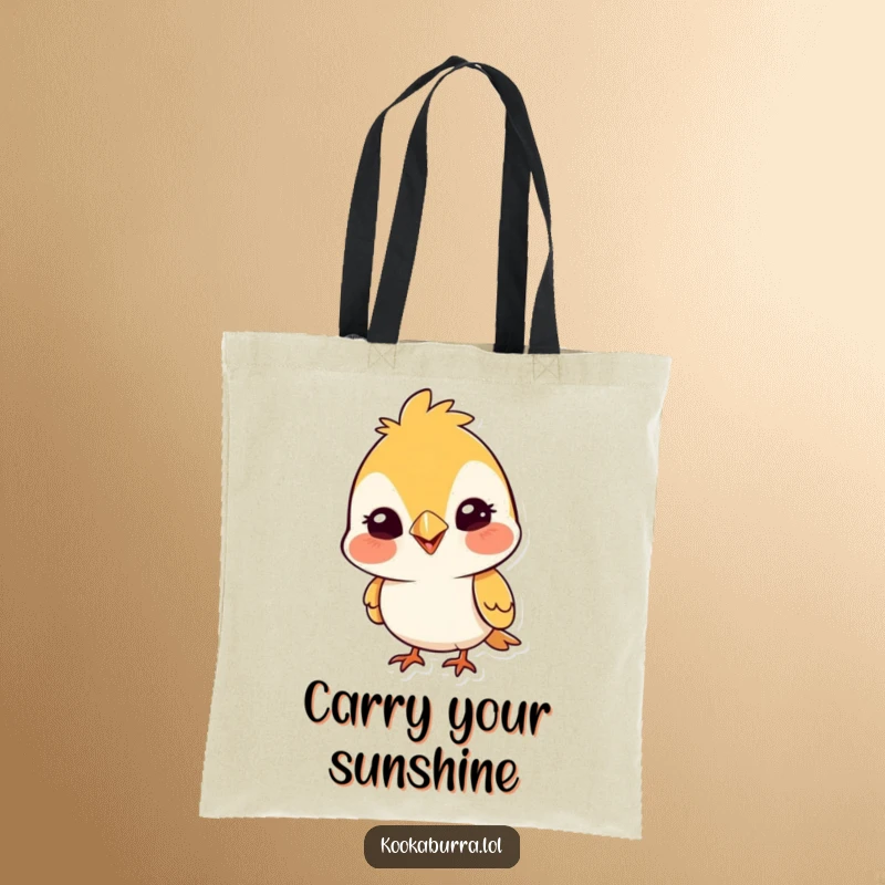 Funny tote bag featuring a cute bird with a wide, silly grin, ready for adventure, a practical and humorous accessory.