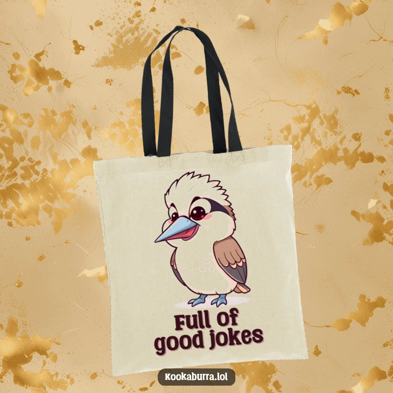 Funny Kawaii Kookaburra tote bag featuring a cute bird with an open beak and a silly, laughing expression. Perfect for shopping and funny gifts.