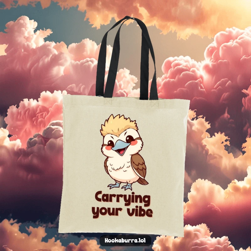 Funny kawaii kookaburra tote bag, mimicking with exaggerated smile, cute bird graphic, humorous accessory.