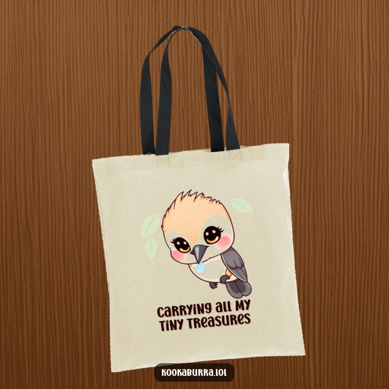 Funny Kookaburra Tote Bag: A large, humorous tote showcasing a wide-eyed bird enchanted by a sparkling dewdrop, practical and funny.