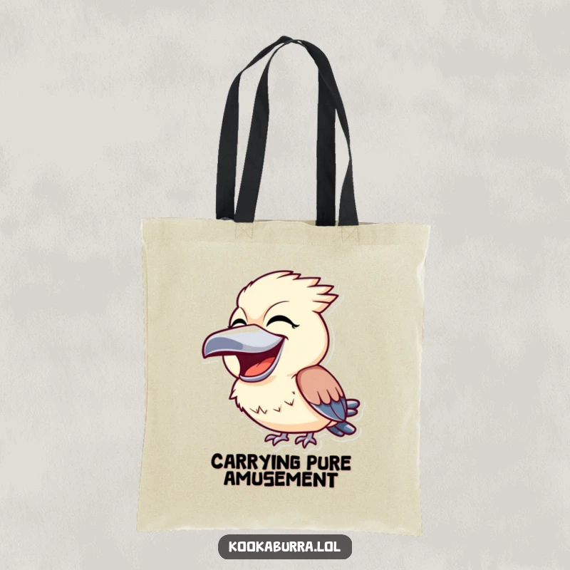 Funny kookaburra tote bag displaying a happy bird with its beak open wide in joyous laughter, perfect for everyday use.