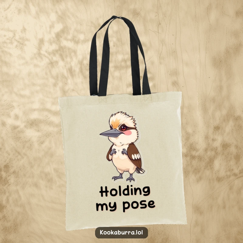 Funny kookaburra character doing a silly human pose, printed on a tote bag for a humorous accessory.
