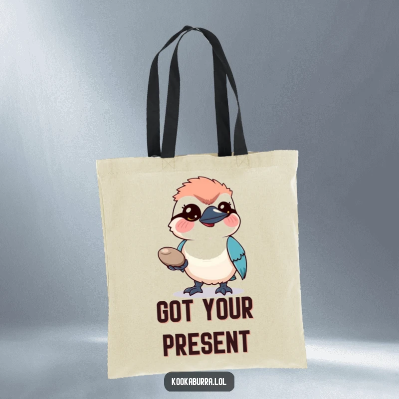 Funny Tote Bag: A sweet kookaburra offers a shiny pebble, its hopeful expression making this a delightful accessory.