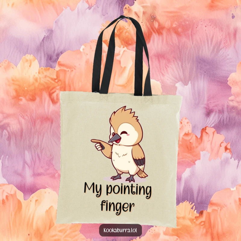 Funny kawaii kookaburra tote bag with a tiny bird pointing off-screen with a chuckle, ideal for stylish and humorous everyday use.
