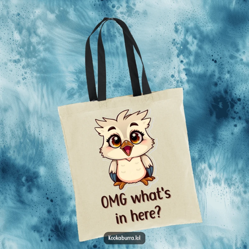 Funny kookaburra tote bag showing a bird with big, wide eyes and a shocked expression, perfect for carrying items with flair.